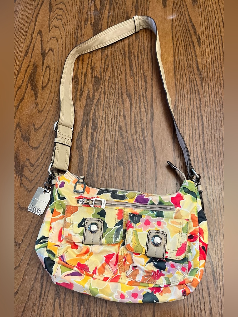 Tyler Rodan Multicolor Floral Crossbody with Tan Strap